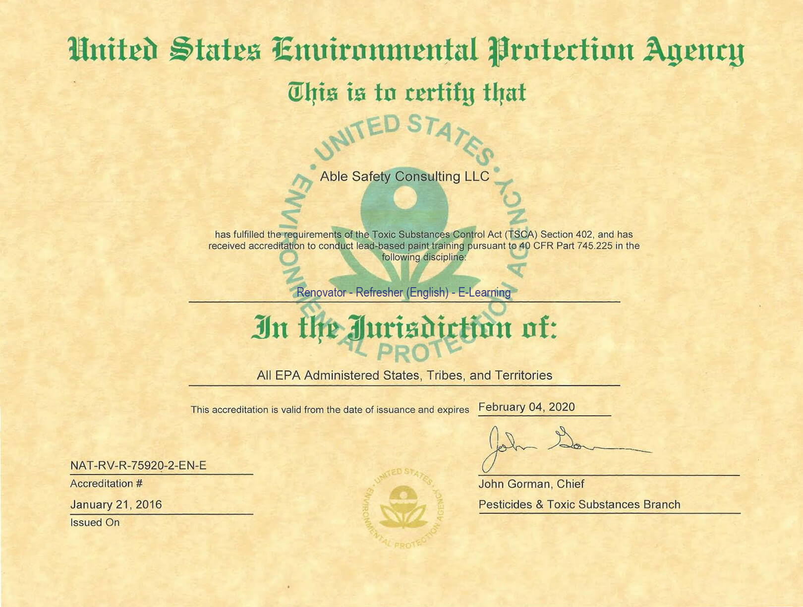 EPA RRP LEAD REFRESHER CERTIFICATE IMAGE 